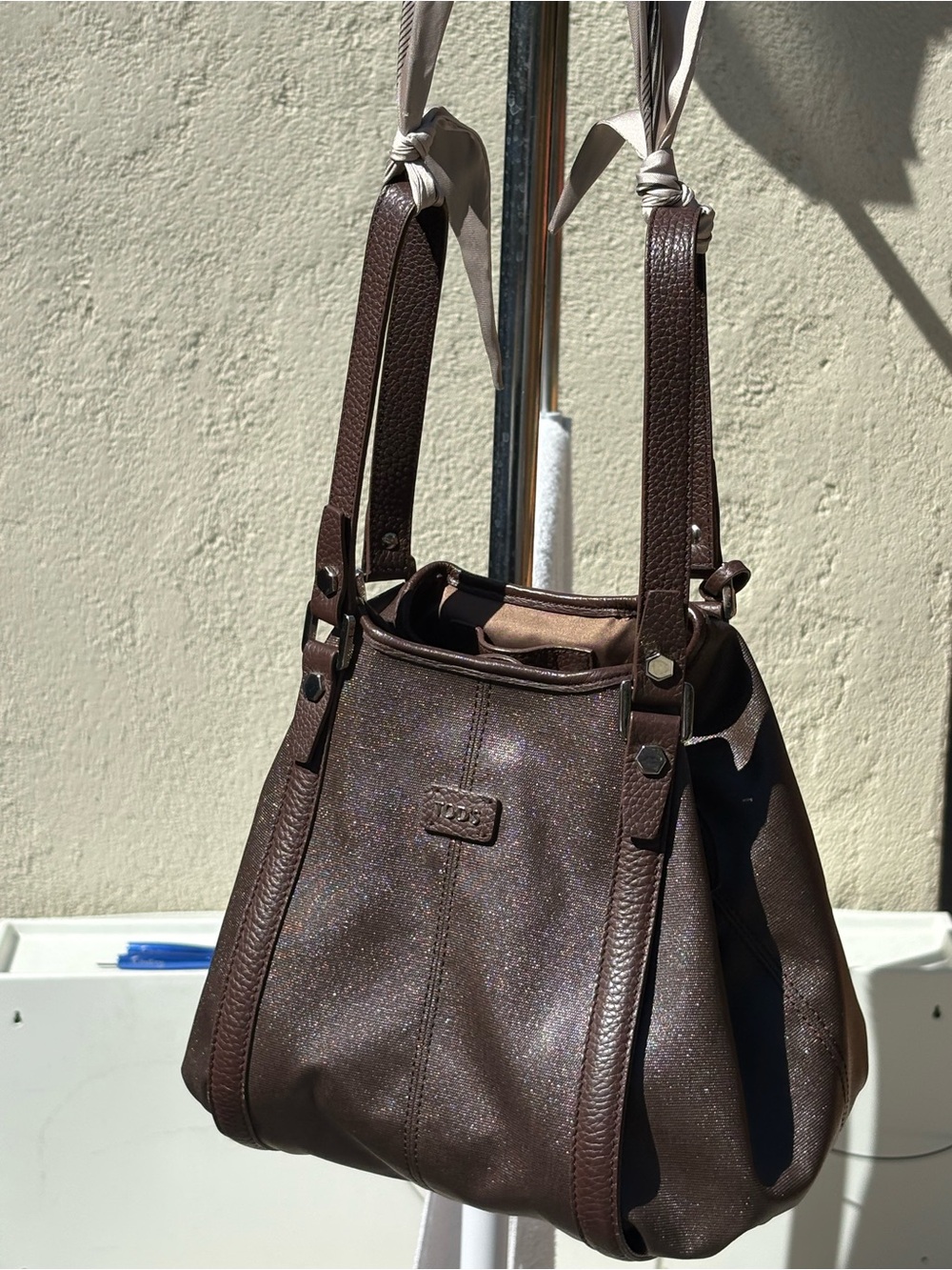 Tod’s Women's Brown Leather Canvas Tote Bag with scarf belt - Picture 2 of 6